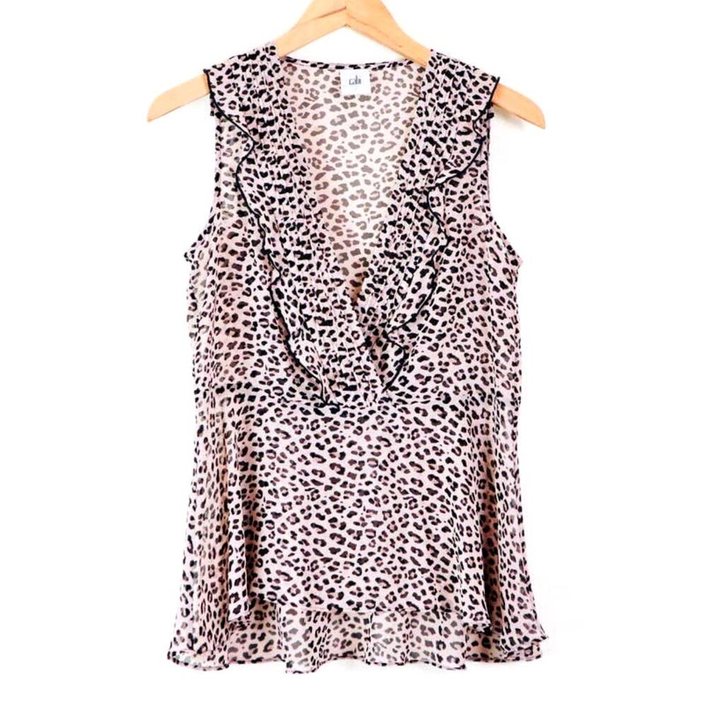 Cabi Size S Flutter Top Ruffle 3612 Sheer Leopard Print Brown Cream